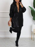 Women's Autumn Style Solid Color Sequin Loose Shirt Dress