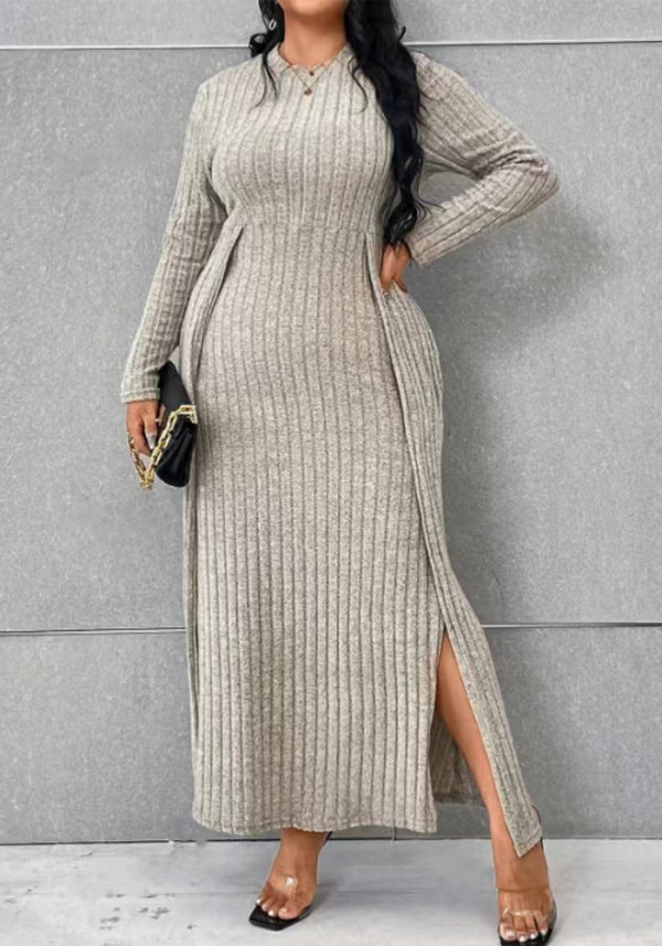 Autumn And Winter Long Sleeve Round Neck Slit Knitting Solid Color Plus Size Dress