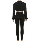 Spring And Autumn Sexy Drawstring Slim Waist Crop Top High Waist Tight Fitting Trousers Two Piece Set