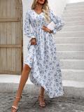 Autumn Women's Printed V-Neck Long Sleeve Fashion Long Dress