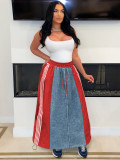 Autumn Women's Fashion Casual Striped Denim Patchwork A-Line Loose Skirt