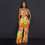 Printed Ruffle Strap Vest Top Wide Leg Pants Two-Piece Set