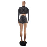 Women sexy long-sleeved Beaded See-Through Mesh Top and shorts two-piece set