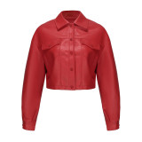 Women Loose Casual Long-sleeved Single-breasted Turndown Collar Crop Jacket