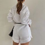 Women casual long-sleeved shirt and shorts two-piece set