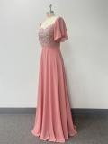 Women Square-neck Short-sleeved Backless Pink Sequin Patchwork Chiffon Evening Dress