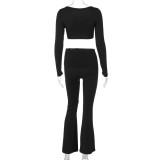 Women Solid Long Sleeve Square Neck Top and Bell Bottom Long Pants Casual Two-piece Set