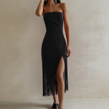 Women Summer Tassel Sexy Strapless Slit Dress