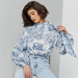 Women French loose lantern sleeves with flowing collar and printed tie shirt