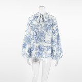 Women French loose lantern sleeves with flowing collar and printed tie shirt