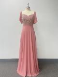 Women Square-neck Short-sleeved Backless Pink Sequin Patchwork Chiffon Evening Dress