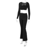 Women Solid Long Sleeve Square Neck Top and Bell Bottom Long Pants Casual Two-piece Set