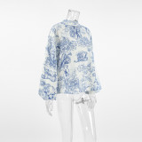 Women French loose lantern sleeves with flowing collar and printed tie shirt