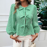 Women Casual Puff Sleeve Round Neck Loose Long Sleeve Shirt