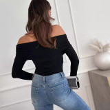 Women Fall/Winter Sexy Off-shoulder Long-sleeved Solid T-shirt Top