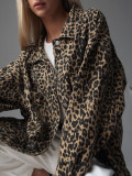 Women Vintage Leopard Print Denim Jacket