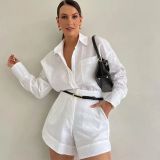 Women casual long-sleeved shirt and shorts two-piece set