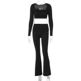 Women Solid Long Sleeve Square Neck Top and Bell Bottom Long Pants Casual Two-piece Set