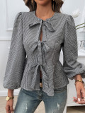 Women Casual Puff Sleeve Round Neck Loose Long Sleeve Shirt