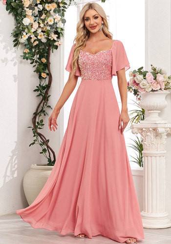 Women Square-neck Short-sleeved Backless Pink Sequin Patchwork Chiffon Evening Dress