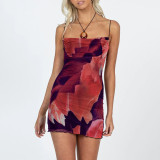 Women summer mesh print bodycon strap dress