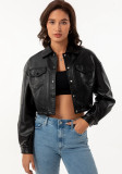 Women Loose Casual Long-sleeved Single-breasted Turndown Collar Crop Jacket