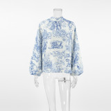 Women French loose lantern sleeves with flowing collar and printed tie shirt