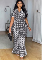 Women Printed V-neck Top and Wide Leg Trousers Two-piece Set