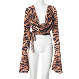 Women Tiger Print Slit Swinging Collar Lace-Up Sexy mesh long-sleeved top