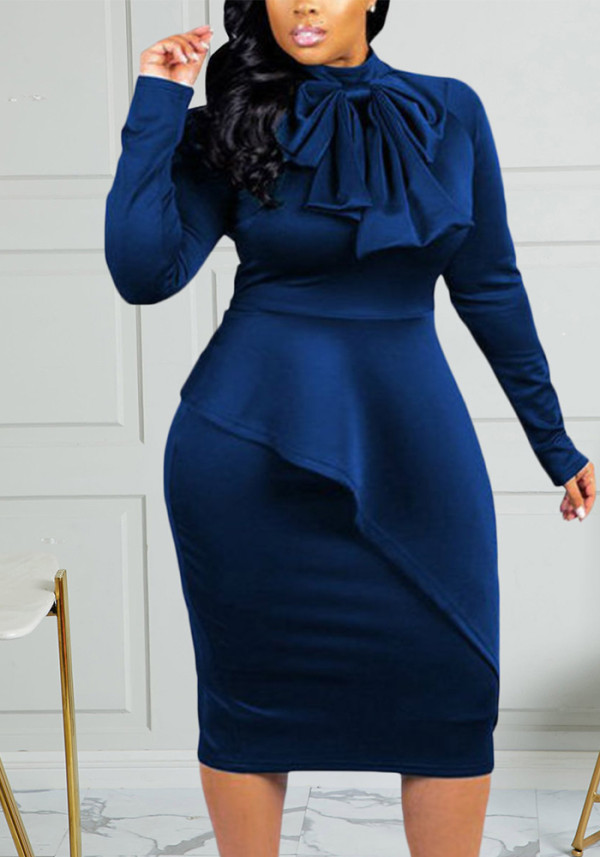 Plus Size Women solid bow long-sleeved dress