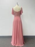 Women Square-neck Short-sleeved Backless Pink Sequin Patchwork Chiffon Evening Dress