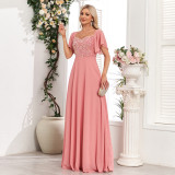 Women Square-neck Short-sleeved Backless Pink Sequin Patchwork Chiffon Evening Dress