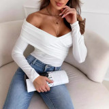 Women Fall/Winter Sexy Off-shoulder Long-sleeved Solid T-shirt Top