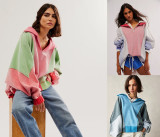Women Patchwork Contrast Color Casual Sports Hoodies