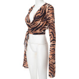 Women Tiger Print Slit Swinging Collar Lace-Up Sexy mesh long-sleeved top