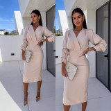 Women Autumn V-neck Solid Bodycon Dress