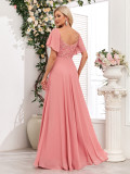 Women Square-neck Short-sleeved Backless Pink Sequin Patchwork Chiffon Evening Dress