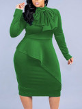 Plus Size Women solid bow long-sleeved dress