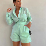 Women casual long-sleeved shirt and shorts two-piece set