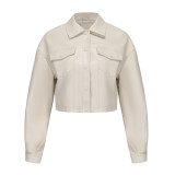 Women Loose Casual Long-sleeved Single-breasted Turndown Collar Crop Jacket