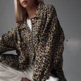 Women Vintage Leopard Print Denim Jacket