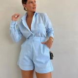 Women casual long-sleeved shirt and shorts two-piece set