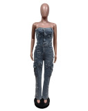 Women Strapless Embroidered Cross Strapless Elastic Denim Jumpsuit