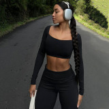 Women Solid Long Sleeve Square Neck Top and Bell Bottom Long Pants Casual Two-piece Set