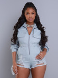 Women Long Sleeve Washed Elastic Denim Jumpsuit