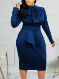 Plus Size Women solid bow long-sleeved dress