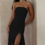 Women Summer Tassel Sexy Strapless Slit Dress