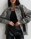 Women Vintage Leopard Print Denim Jacket