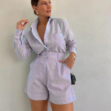 Women casual long-sleeved shirt and shorts two-piece set