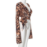 Women Tiger Print Slit Swinging Collar Lace-Up Sexy mesh long-sleeved top